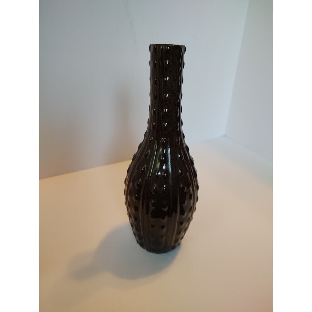 Hobnail Fat Lava Ceramic Bud Vase. Dark Brown 11", 1960s To 1970s Retro Hippie